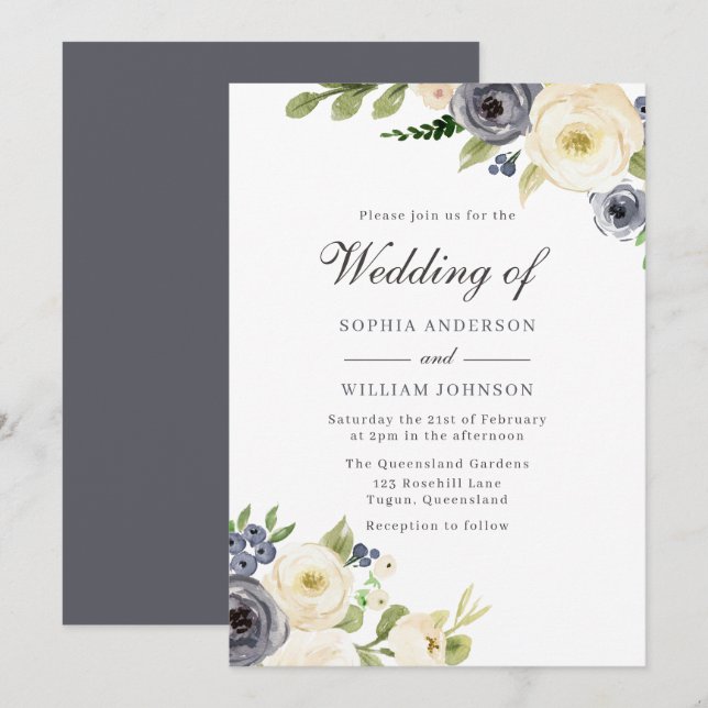 Navy & White Blume Reine Elegante Hochzeit Einladung (Vorne/Hinten)