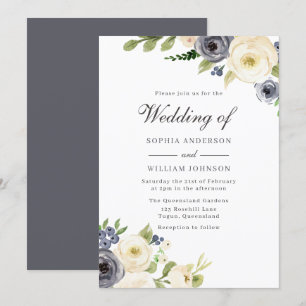 Navy & White Blume Reine Elegante Hochzeit Einladung