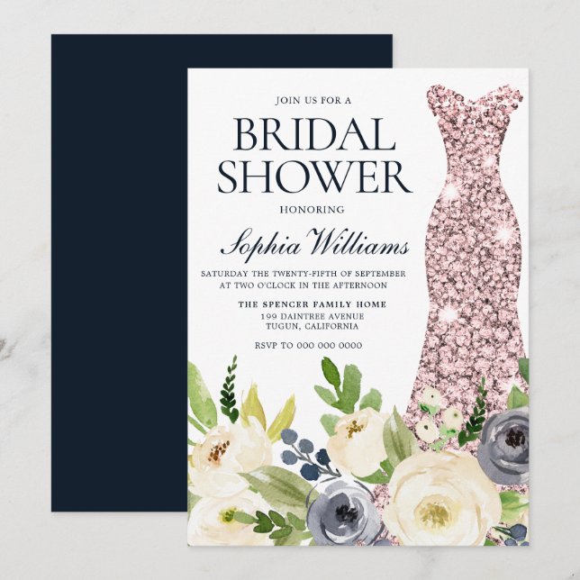 Navy & White Blume Rose Gold Dress Brautparty Einladung (Vorne/Hinten)