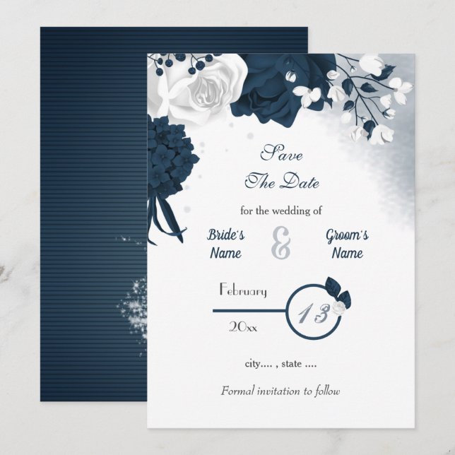 Navy & White Blume Save the Date romantisch (Vorne/Hinten)