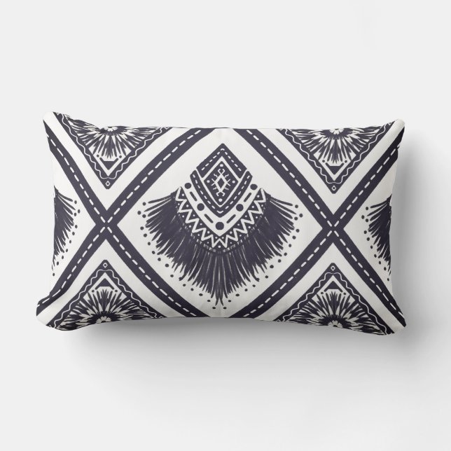 Navy White Boho Gemustert Throw Kissen (Vorderseite)