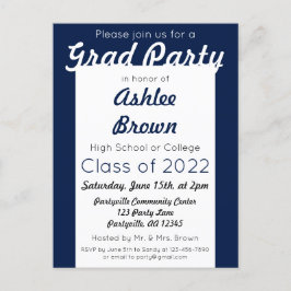 Navy White Bold Party Abschluss Einladungspostkarte