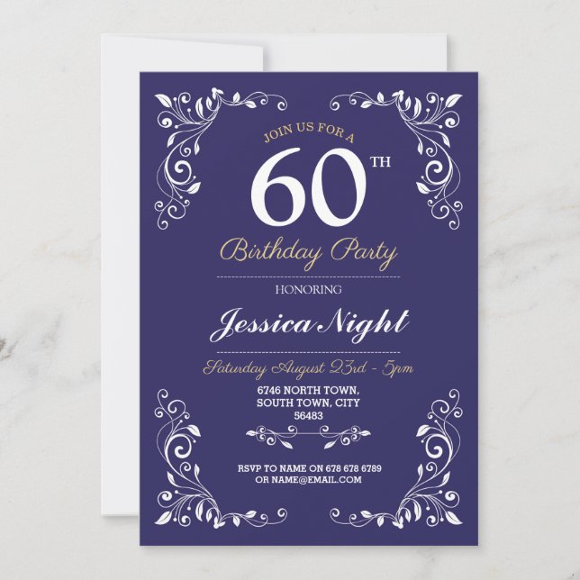 Navy White Elegant Birthday Womens Classy 60. Einladung (Vorderseite)