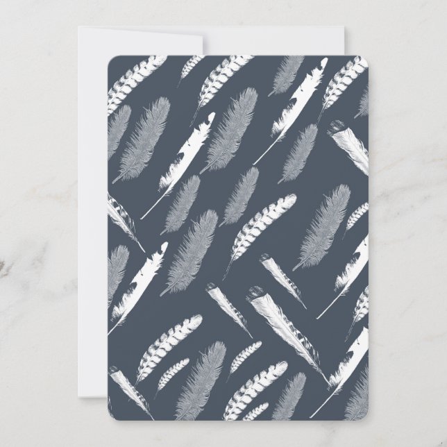 Navy White Feathers Baby Dusche Einladung (Vorderseite)