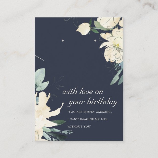 NAVY WHITE FLORAL BIRTHDAY NECKLACE EARRING CARD PLATZKARTE (Vorderseite)
