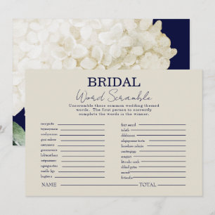 Navy White Floral Brautparty Word Scramble Game Einladung