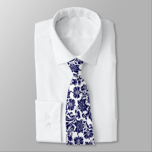 Navy & White Floral Damasks Neck Tie Krawatte