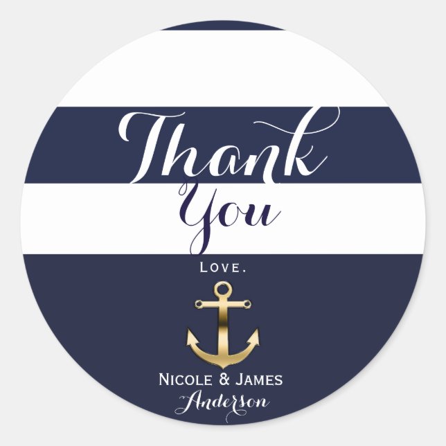 Navy White & Gold Anchor Nautical Stripfavorit Runder Aufkleber (Vorderseite)