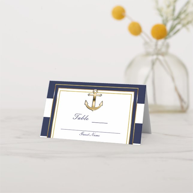 Navy White & Gold Anchor Nautical Table Seats Platzkarte (Rückseite)