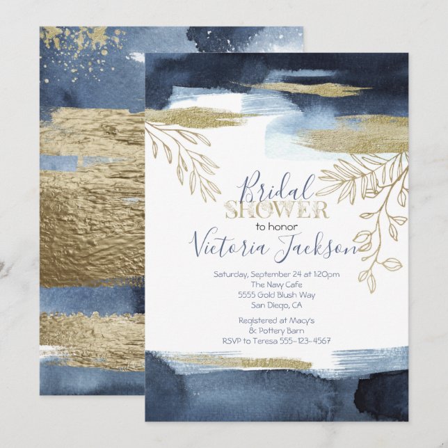 Navy White Gold Brautparty Einladung (Vorne/Hinten)