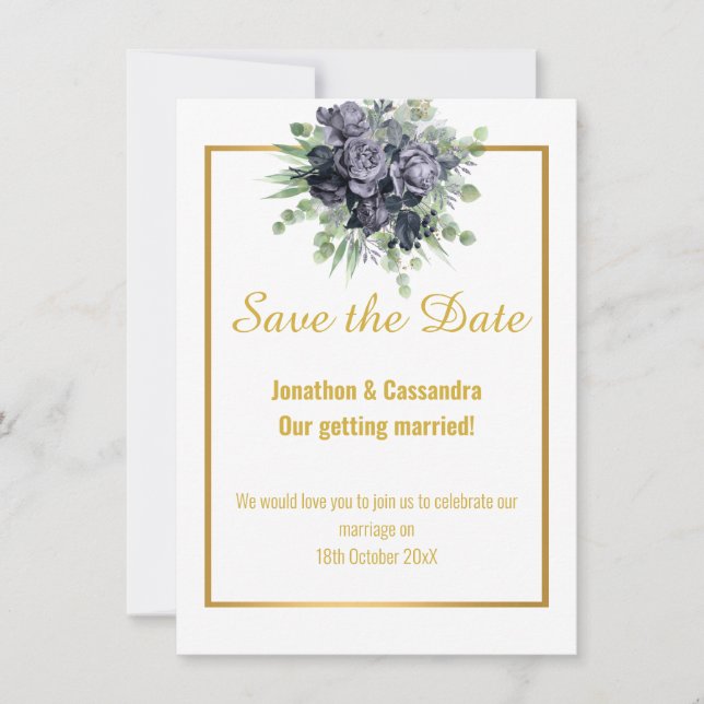 NAVY WHITE GOLD ROSE EUCALYPTUS SAVE THE DATE (Vorderseite)
