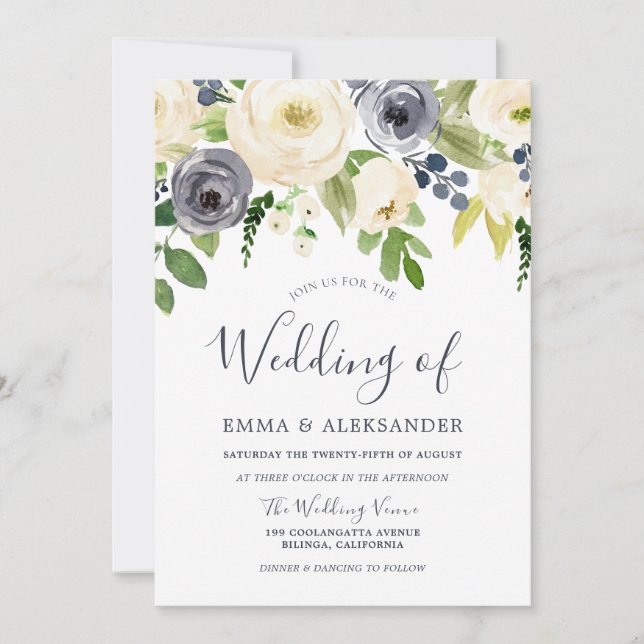 Navy & White Gorgeous Blume Moderne Hochzeit Einladung (Vorderseite)