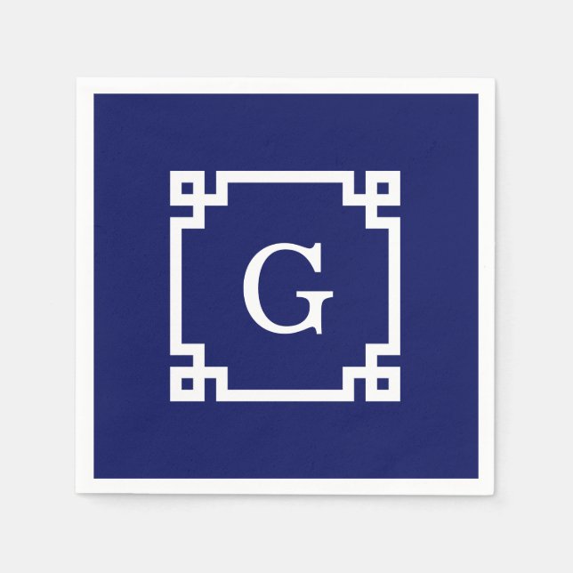Navy White Greece Key Frame #2 Initial Monogram Serviette (Vorderseite)