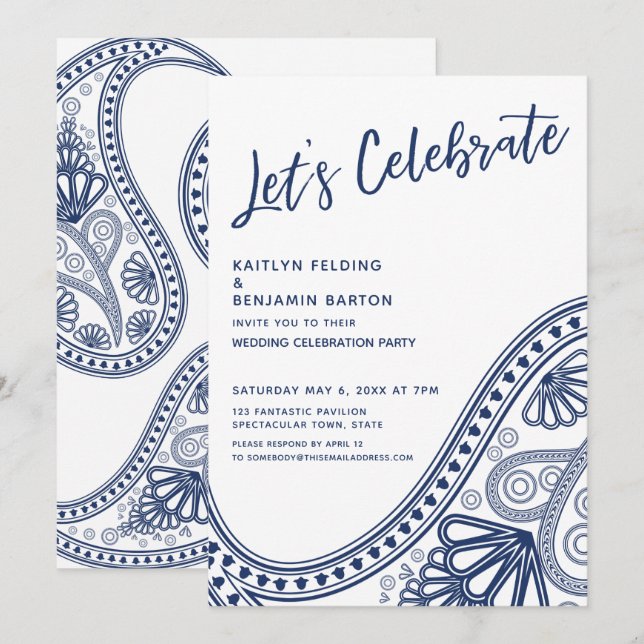 Navy White Let's Celebrate Paisley Empfang-Only Einladung (Vorne/Hinten)