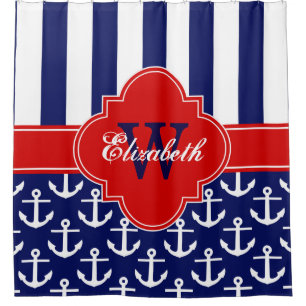 Navy White LG Anchor Strip 1ICBR Rotes Monogramm Duschvorhang