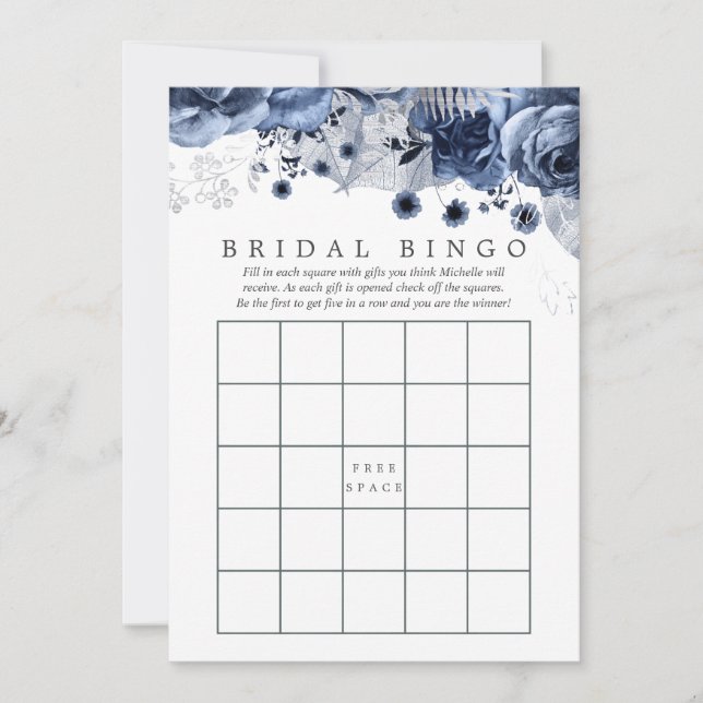Navy & White mit Silver Foil Floral Bridal Bingo (Vorderseite)