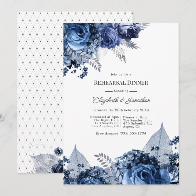 Navy & White mit Silver Foil Probe Dinner Einladung (Vorne/Hinten)