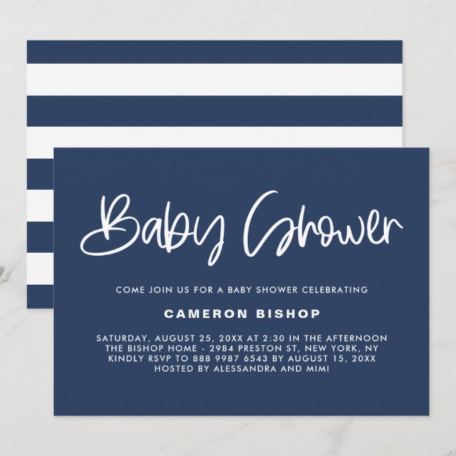 Navy & White Niedlich Modern Calligraphy Baby Show Einladung (Vorne/Hinten)
