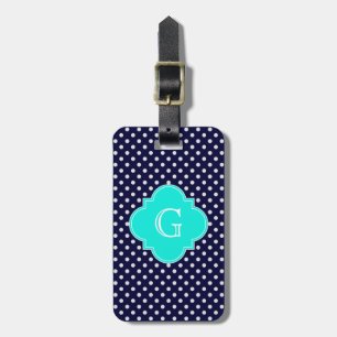 Navy White Polka Dot Aqua Quatrefoil Monogramm Gepäckanhänger