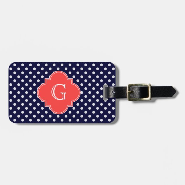 Navy White Polka Dot Coral Quatrefoil Monogram Gepäckanhänger (Vorderseite horizontal)