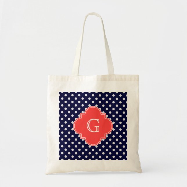Navy White Polka Dot Coral Quatrefoil Monogram Tragetasche (Vorne)