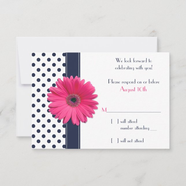 Navy White Polka Dot Pink Daisy Wedding RSVP Card Karte (Vorderseite)