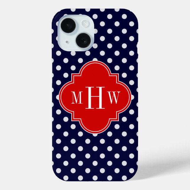 Navy White Polka Dot Red Quatrefoil 3 Monogramm Case-Mate iPhone Hülle (Rückseite)