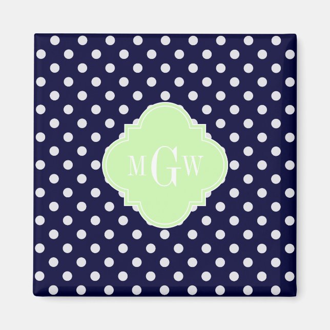 Navy White Polka Dots Celery Quatrefoil 3 Monogram Magnet (Vorne)