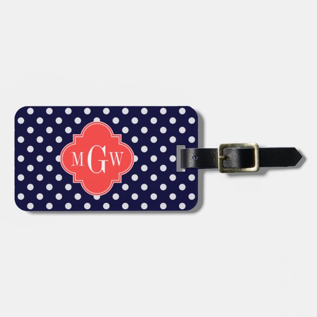 Navy White Polka Dots Coral Quatrefoil 3 Gepäckanhänger (Vorderseite horizontal)