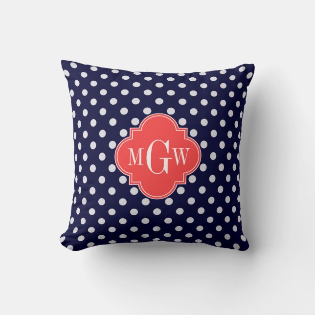 Navy White Polka Dots Coral Quatrefoil 3 Kissen (Vorderseite)