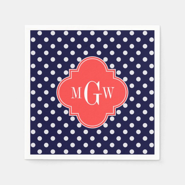 Navy White Polka Dots Coral Quatrefoil 3 Serviette (Vorderseite)