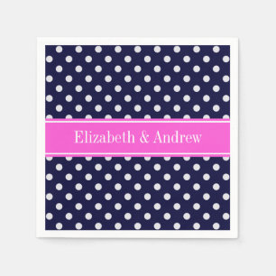 Navy White Polka Dots Hot Pink Ribbon Monogram Serviette