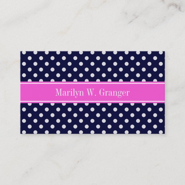Navy White Polka Dots Hot Pink Ribbon Monogram Visitenkarte (Vorderseite)