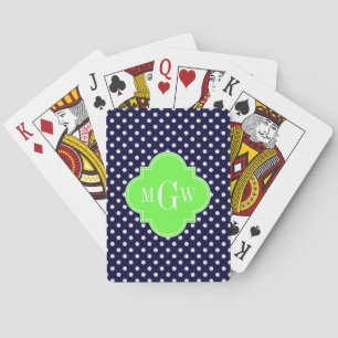 Navy White Polka Dots Lime Quatrefoil 3 Monogram Spielkarten