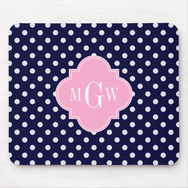 Navy White Polka Dots Pink Quatrefolie 3 Monogramm Mousepad (Vorne)