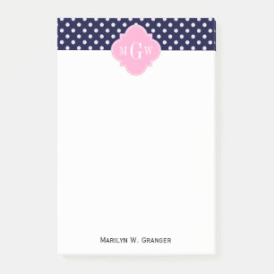 Navy White Polka Dots Pink Quatrefolie 3 Monogramm Post-it Klebezettel