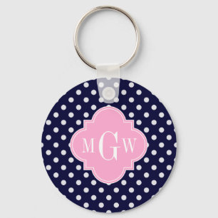 Navy White Polka Dots Pink Quatrefolie 3 Monogramm Schlüsselanhänger