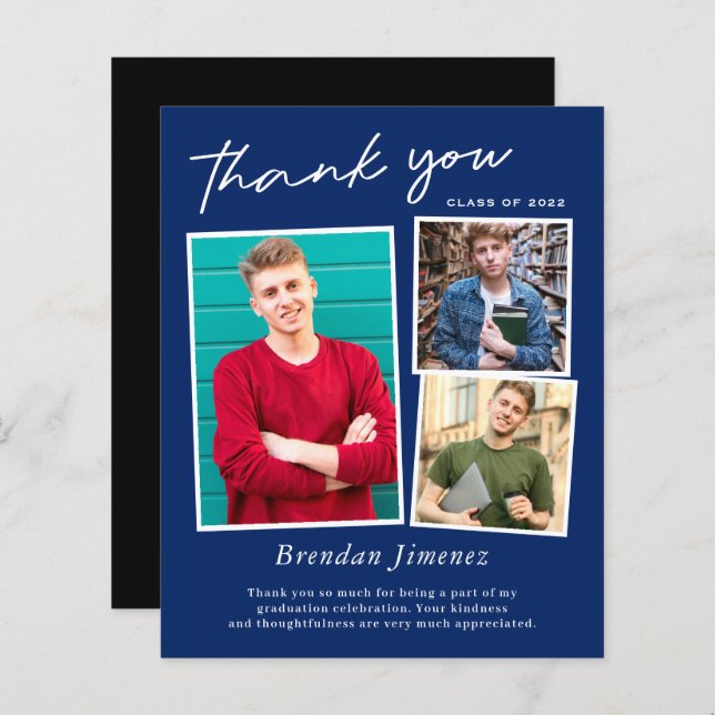 Navy White Script 3 Foto Abschluss Vielen Dank (Vorne/Hinten)