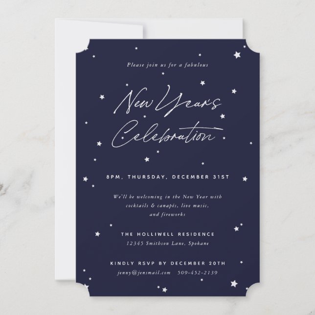 Navy+White Script Scatter Stars New Year Party Einladung (Vorderseite)