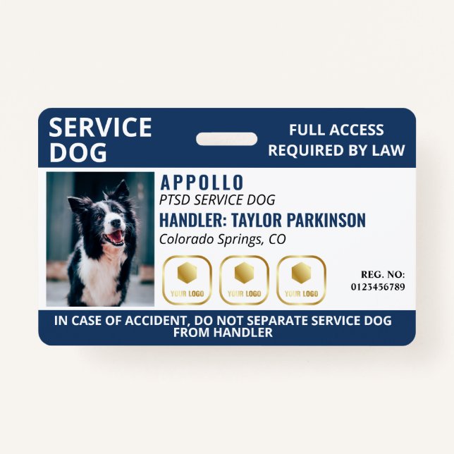 Navy White Service Dog 3 Logo & Foto ID Abzeichen Ausweis (Vorderseite)