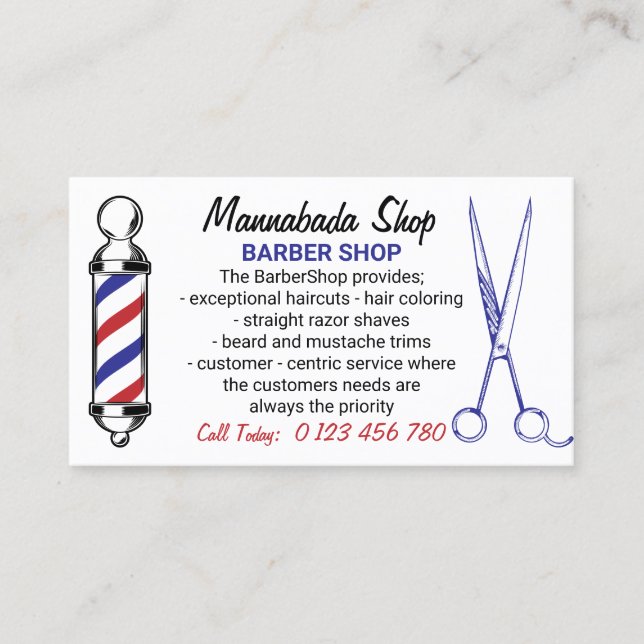 Navy White Simple Barber Pole Schere Foto Visitenkarte (Vorderseite)