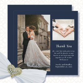 Navy White Simple Foto Wedding Dankeschön Card Einladung