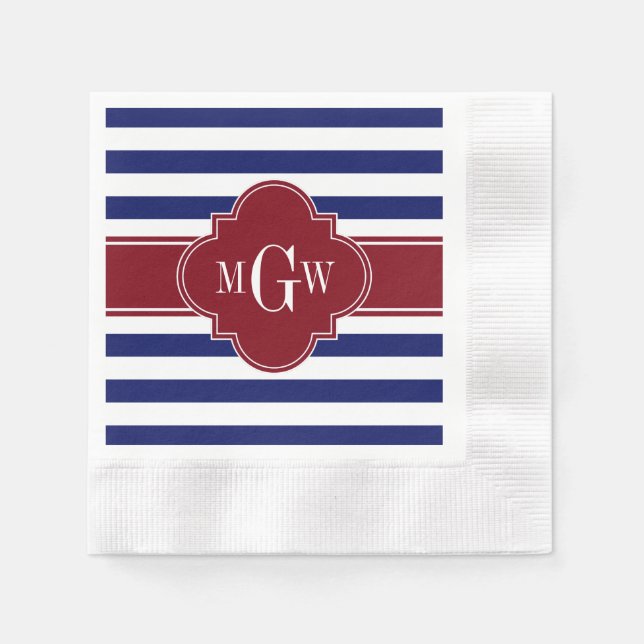 Navy White Strip Burgundy Quatrefolie 3 Monogramm Serviette (Vorderseite)