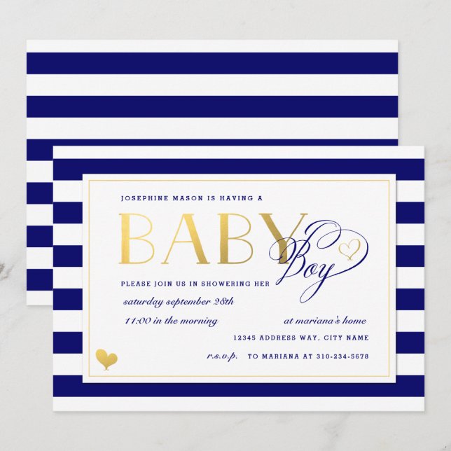 Navy & White Strip Imitate Gold Boy Baby Dusche Einladung (Vorne/Hinten)