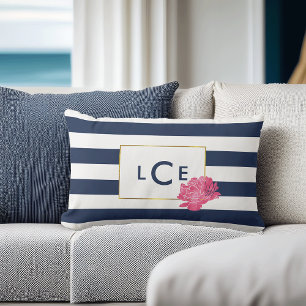 Navy & White Strip mit rosa Peony   Monogramm Lendenkissen