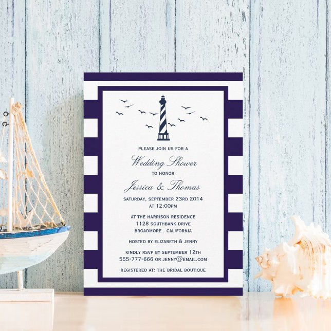 Navy & White Stripe Lighthouse Nautical Wedding Einladung (Von Creator hochgeladen)