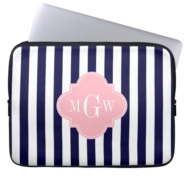 Navy White Stripe Pink Quatrefoil 3 Laptopschutzhülle (Vorderseite)