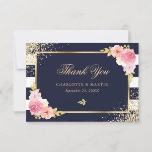 Navy White Stripes Gold Blush Pink Blumenzange Dankeskarte