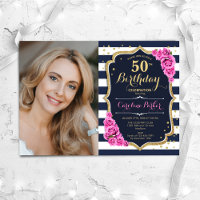 Navy White Stripes Gold Pink Foto 50. Geburtstag