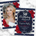 Navy White Stripes Red Silver Foto 50. Geburtstag Einladung<br><div class="desc">Elegante florale feminine 50. Geburtstagseinladung mit Ihrem Foto auf der Kartenrückseite. Glam Marineblau-Rot-Design mit Imitaten Glitzer Silber. Features marineblaue und weiße Streifen, rote Rosen, Skript-Schriftart und Konfetti. Ideal für ein stilvolles Party für Erwachsene. Personalisieren Sie Ihre persönlichen Daten. Kann für jedes Alter angepasst werden! Gedruckte Zazzle Einladungen oder Sofortdownload digitalen...</div>